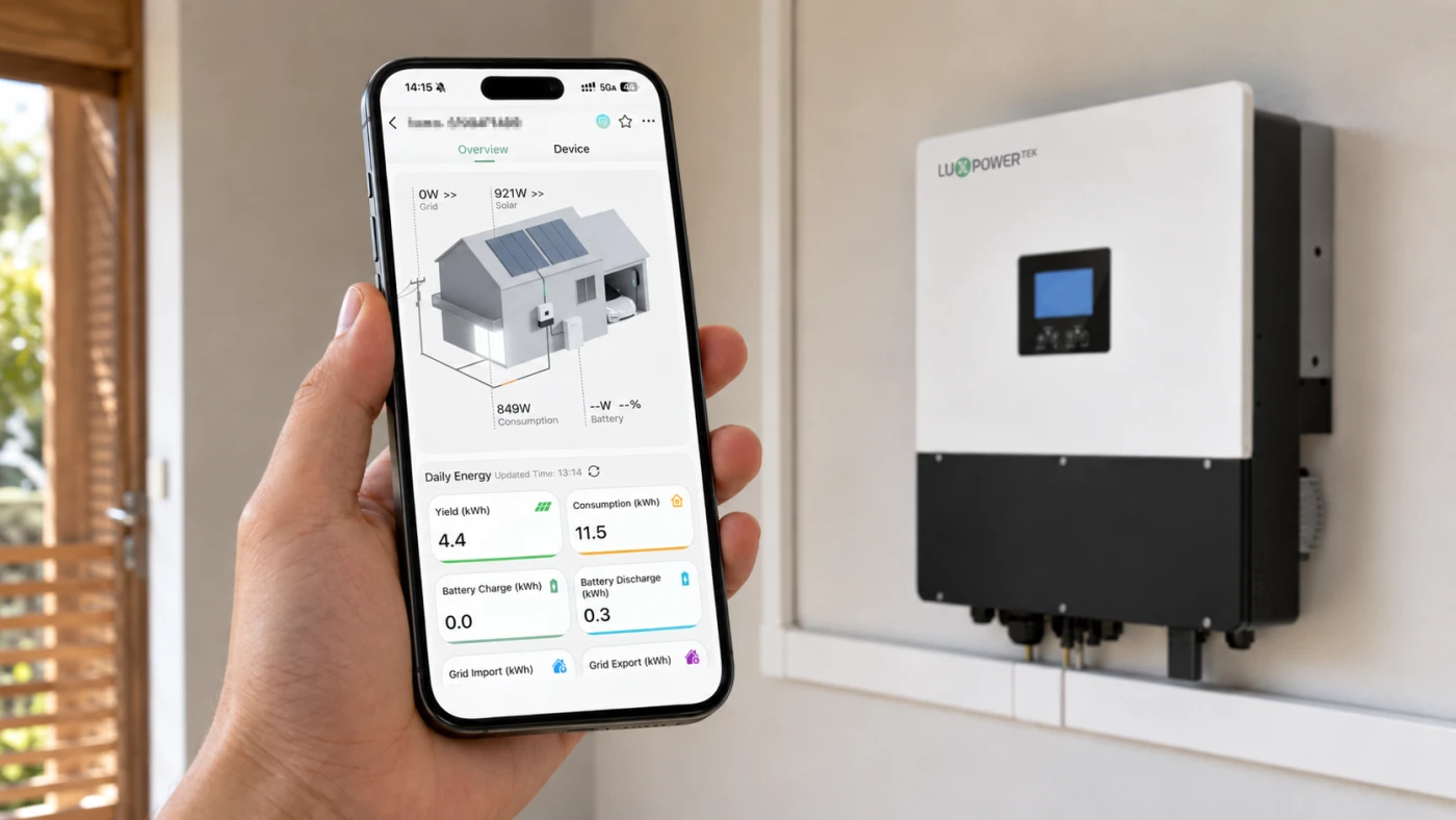 LuxCloud app showing PV, battery, grid, load and SOC data while monitoring a LuxpowerTek solar inverter online after login.
