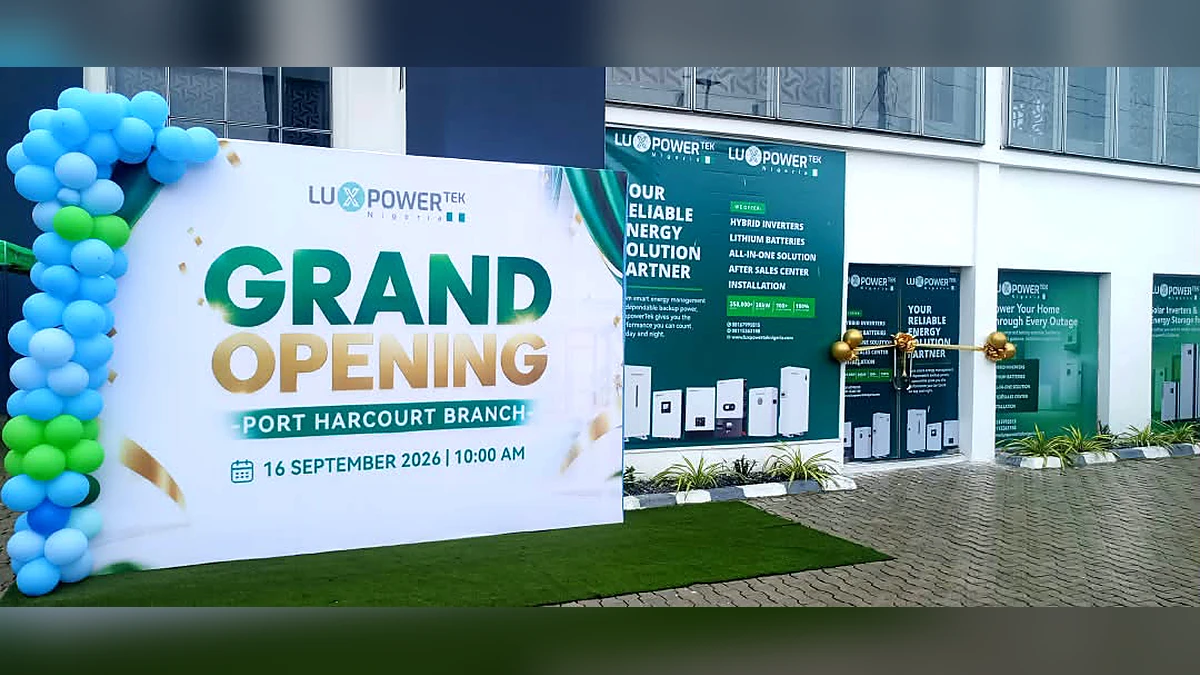 LuxpowerTek Port Harcourt branch exterior with Grand Opening display