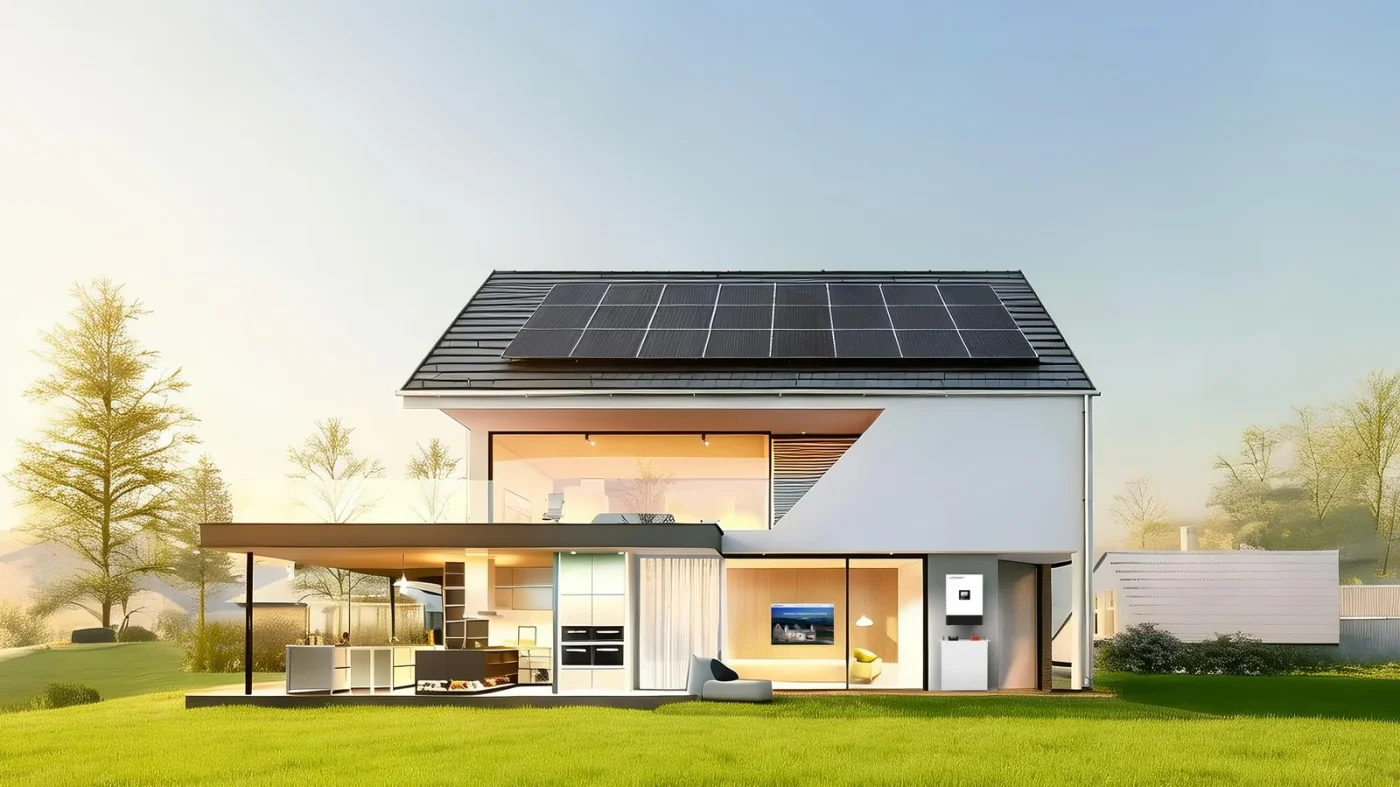 Manufacturer illustration of a home solar and battery system with a GETA inverter