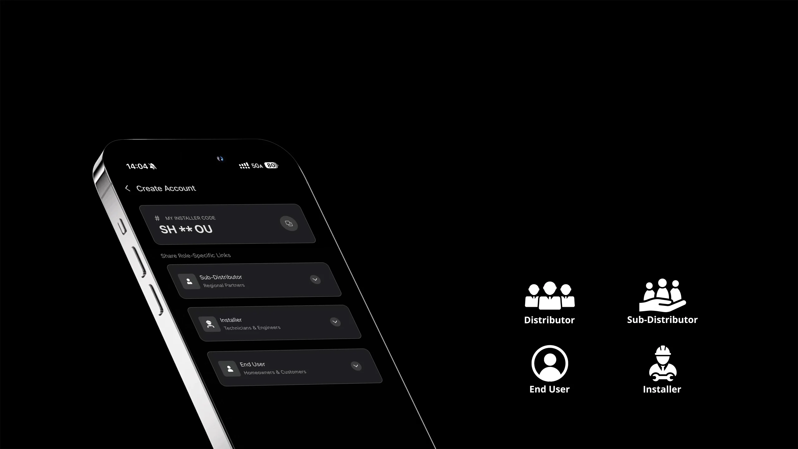 LuxCloud monitoring screen showing installer code and account options